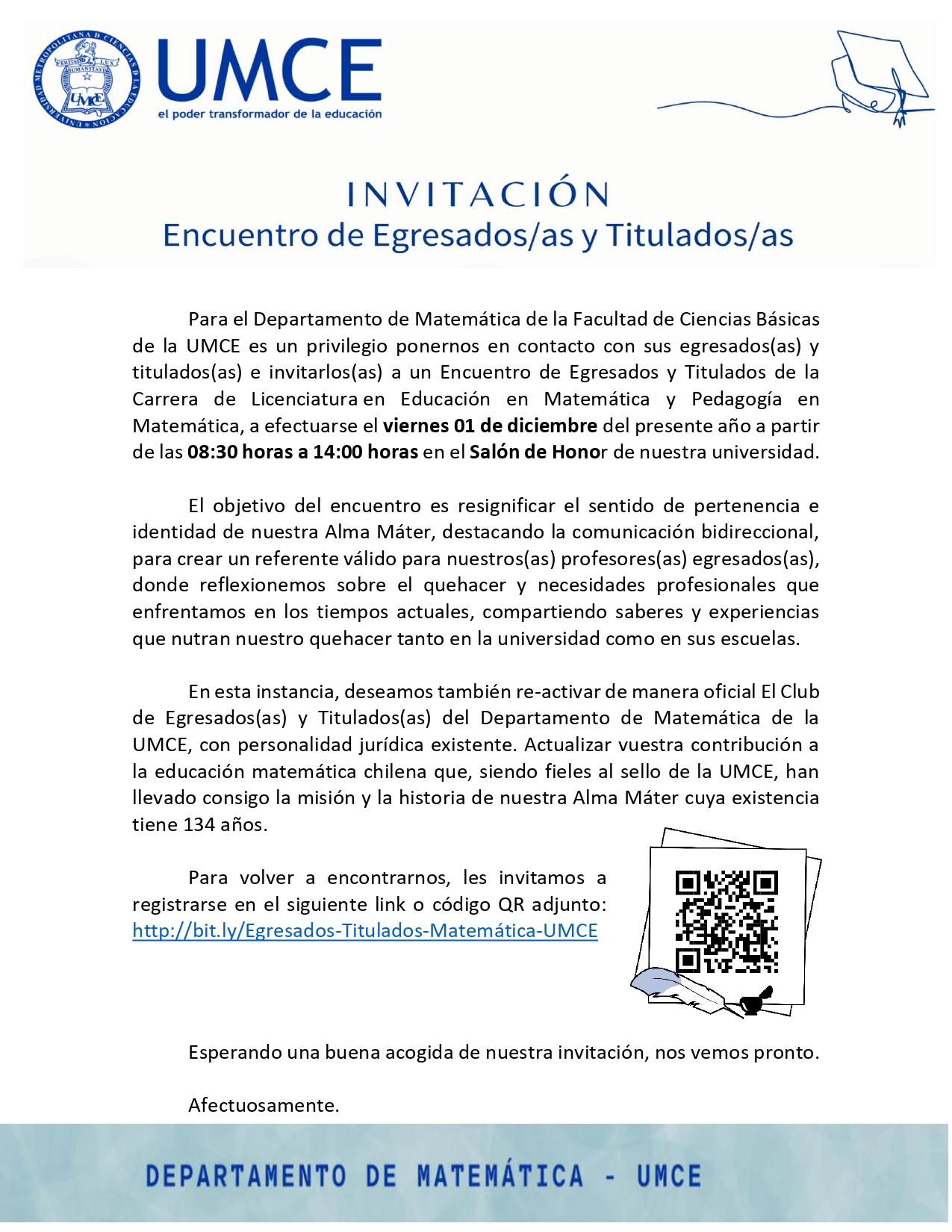 Carta INVITACIÓN encuentro egresados Depto Matematica 01dic2023