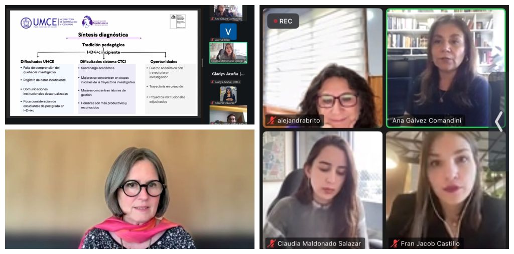 Capturas de pantalla de la sesión online de avances del proyecto InES género UMCE. Aparece una lámina con datos y las imágenes de algunas participantes.