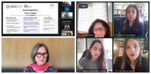 Capturas de pantalla de la sesión online de avances del proyecto InES género UMCE. Aparece una lámina con datos y las imágenes de algunas participantes.